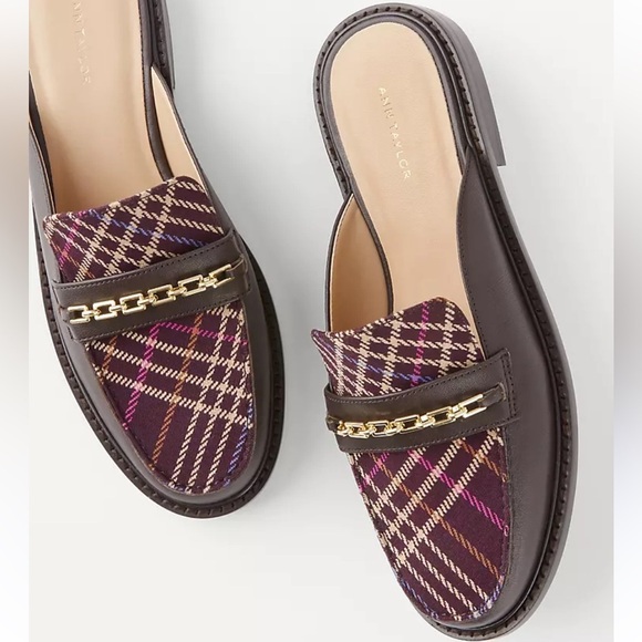 Ann Taylor Stylish Chocolate Brown Leather and Plaid Loafers Gold Chain Accent 6 - Picture 1 of 12